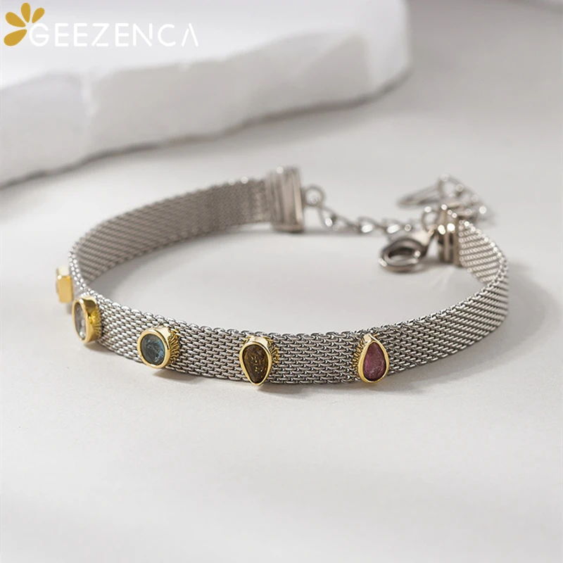 Imagem -02 - Geezenca-turmalina Natural Tecido Pulseiras Cadeia para Mulheres S925 Prata Minimalismo Chic Pulseira de Luxo Novo Presente do Partido 2024