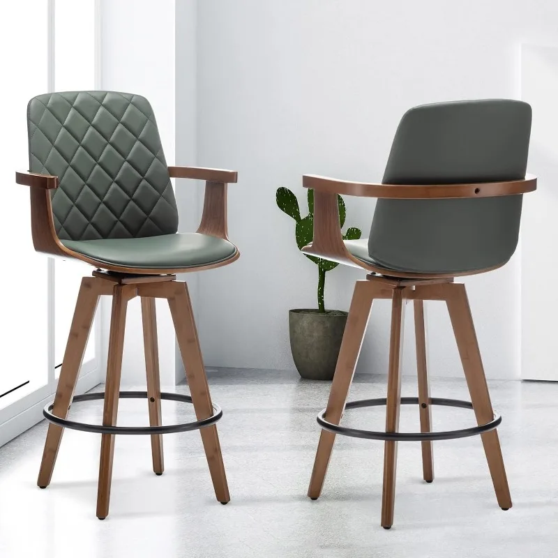 Bar Stools Set of 2 Upholstered Faux Leather Counter Height Swivel Barstools with Wooden Arms and Legs 25.6-Inch Seat Height