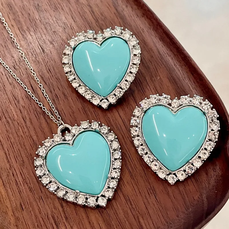 Niche blue love full diamond earrings flash diamond heart necklace retro high-end sweater chain women