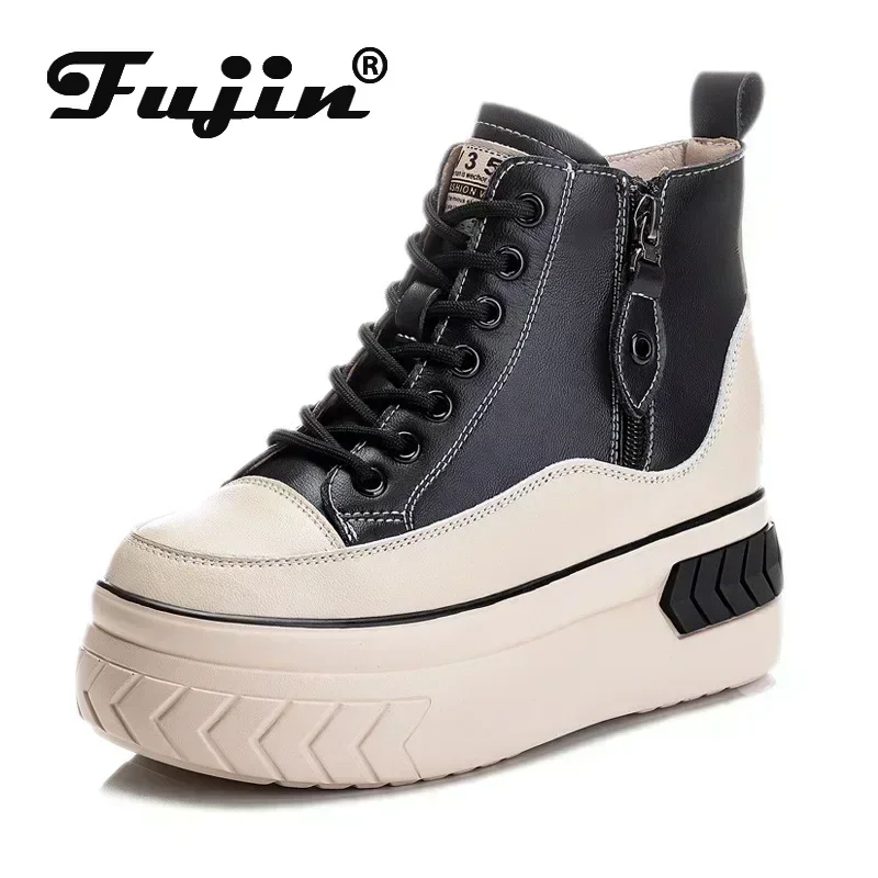 Fujin, zapatos altos para mujer, botas de plataforma de 8cm de cuero genuino, cuña en el tobillo, tacón oculto, cremallera, zapatos cálidos de piel