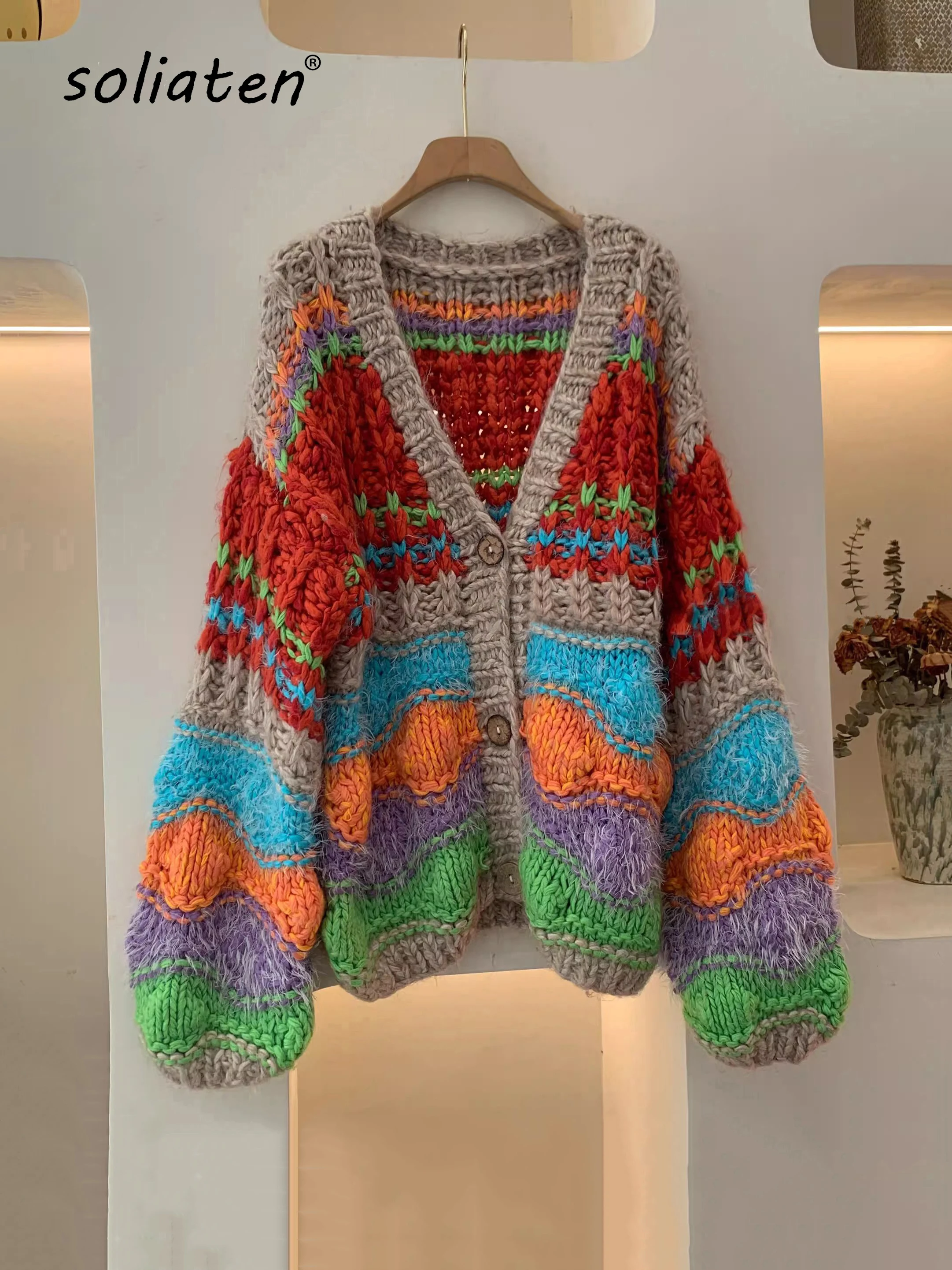 Chunky Multi Oversized Cardigan Women Handmade Loose Fit Knitwear 2024 Autumn NIche Design Outwear  C-235