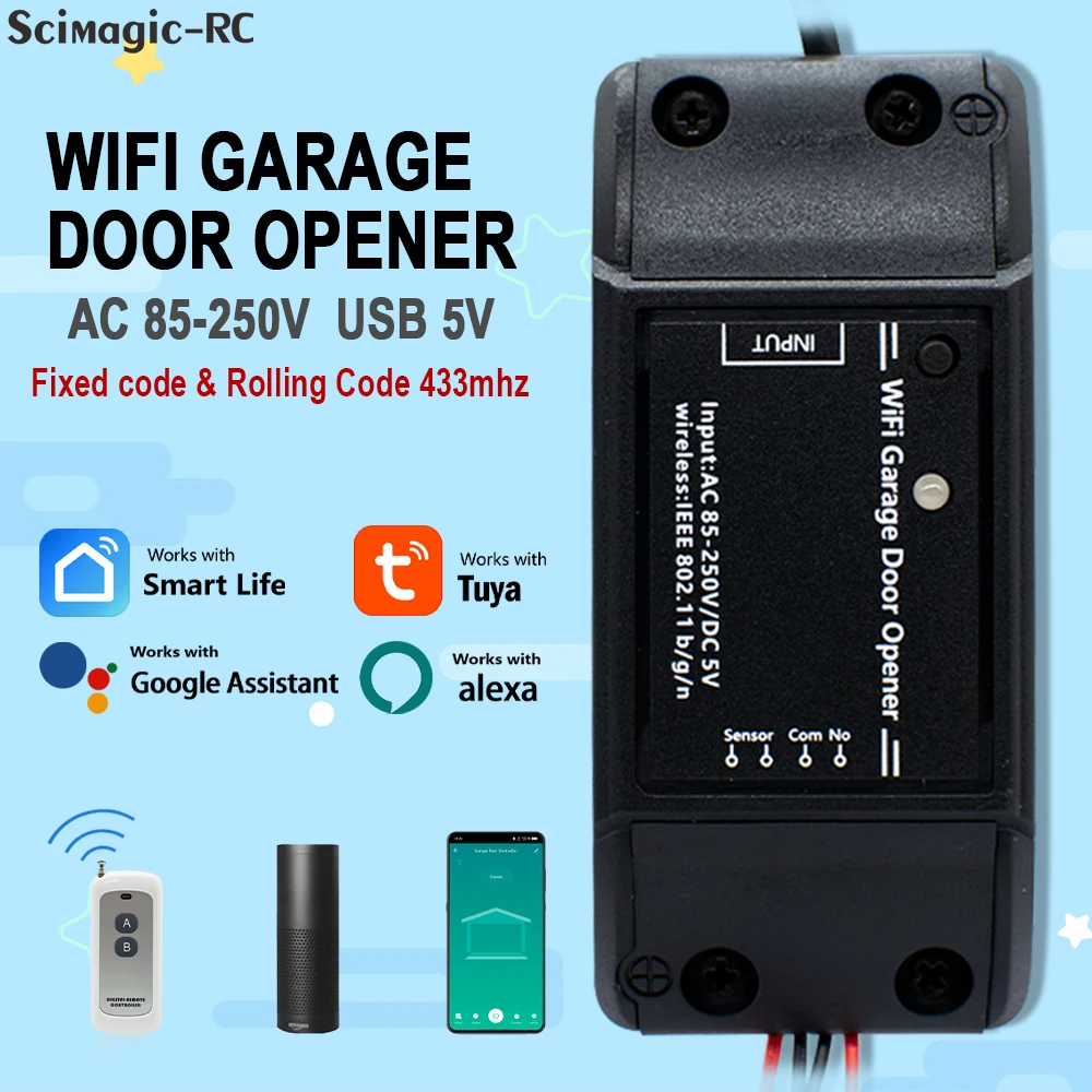 1~10 Pieces Tuya WiFi Garage Door Opener and 433MHz Rolling / Fixed Code RF Remote Control Work Together With Door Sensor Alexa