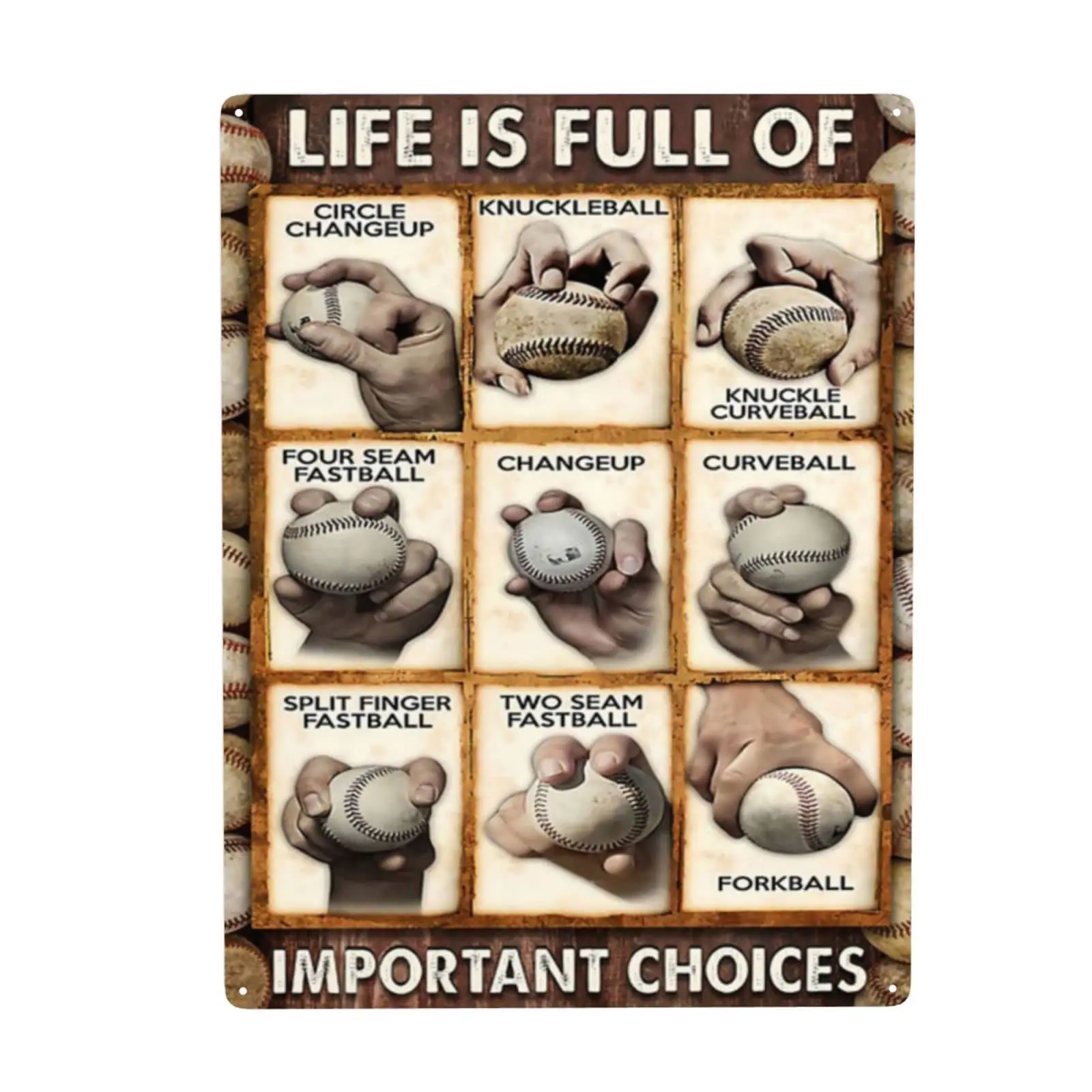Baseball pitching grips cheat sheet Vintage Tin Sign Metal Poster Art Funny Tin Sign for Office/Home/Classroom Bathroom Dec sign