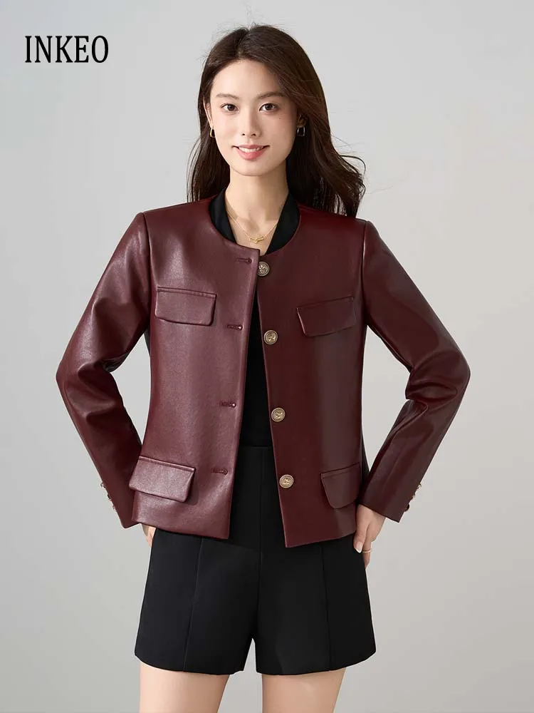 Burgundy Women's spring fall O-neck faux leather jacket Office lady Single breasted motorcycle jacket PU coat 2025 INKEO 5O075