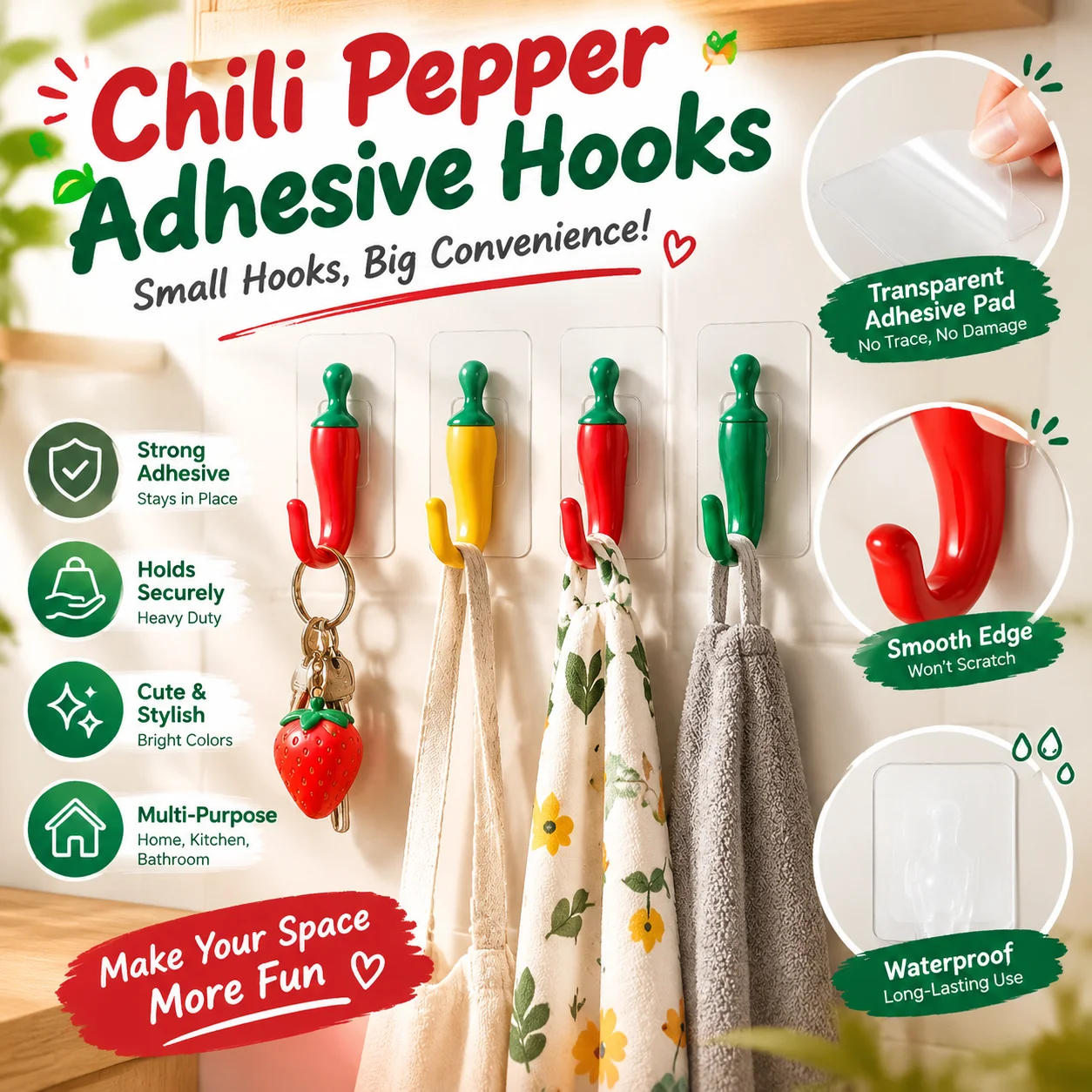 Creative Chili Pepper Shaped Adhesive Hooks No-Drill Wall Hangers for Kitchen Strong Self-Stick Holders Removable Trace-Free