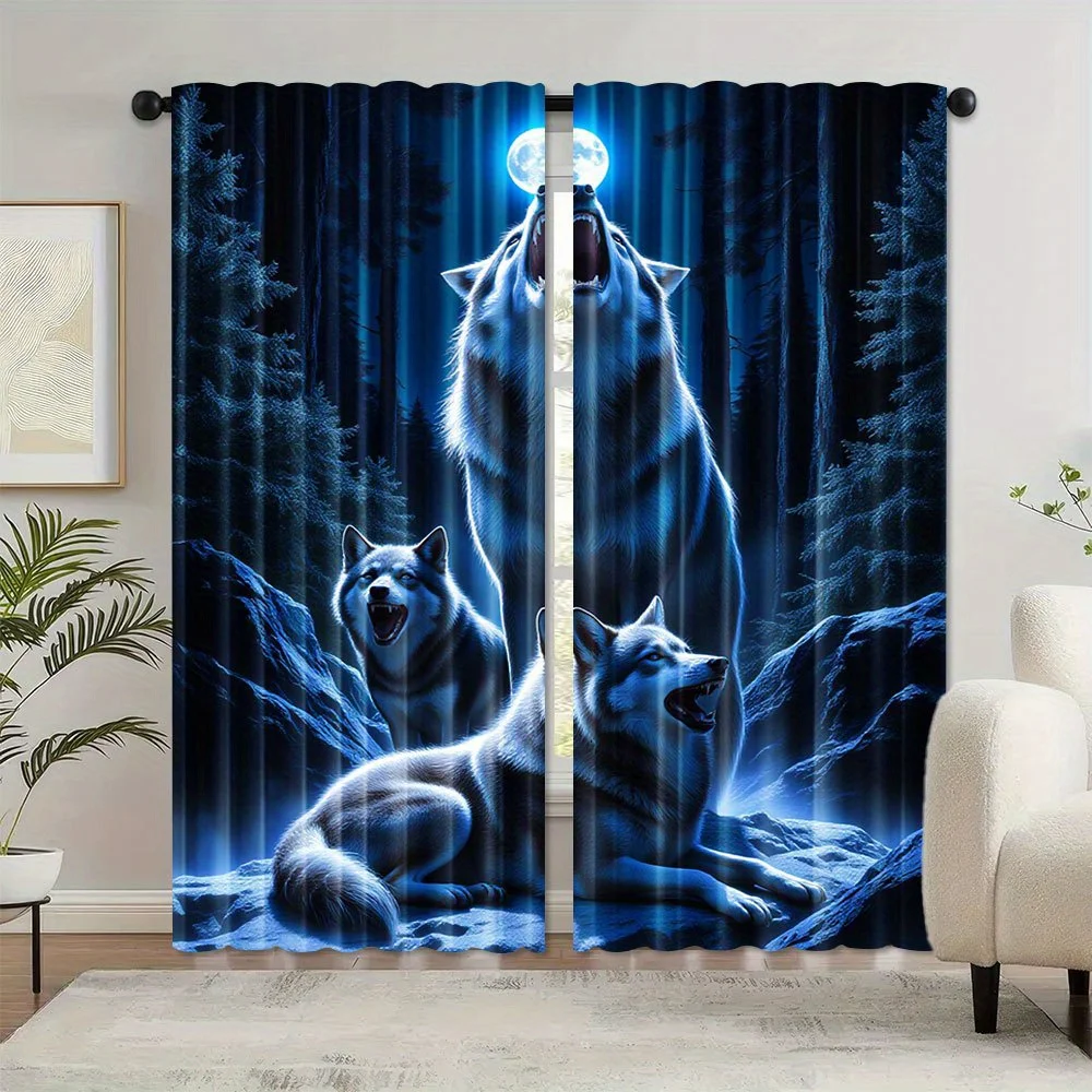 Mysterious Moonlit Wolf Curtain 2 Panels Deep Blue Fir Forest Wild Rock Scenery Inn Room Print Window Curtain Lodge Wilderness