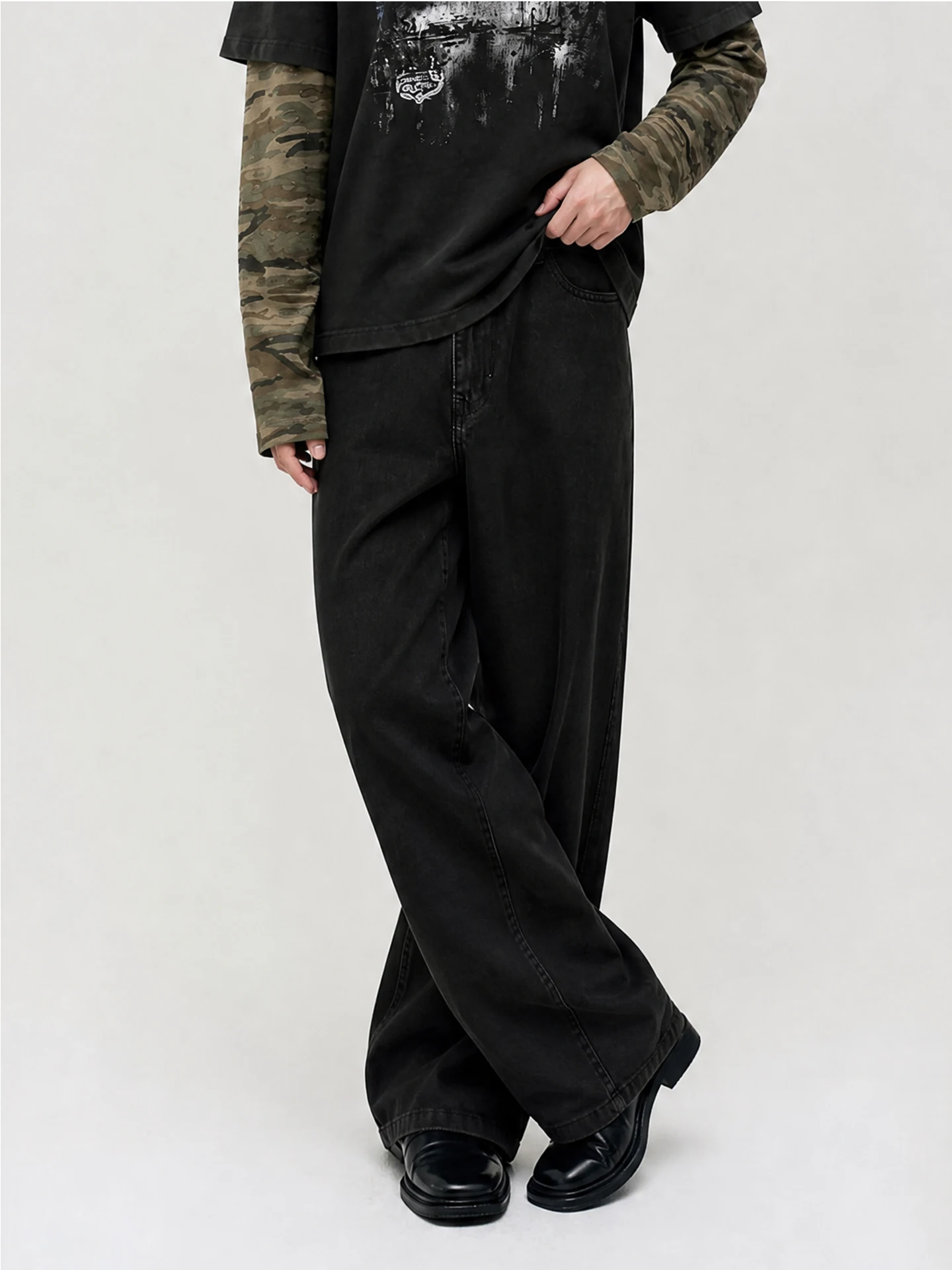 Calças Jeans Unissex Outcast Estilo Coreano Simples Cor Sólida Perna Larga com Corte Preciso Soltas Casuais Estilo Urbano Com...