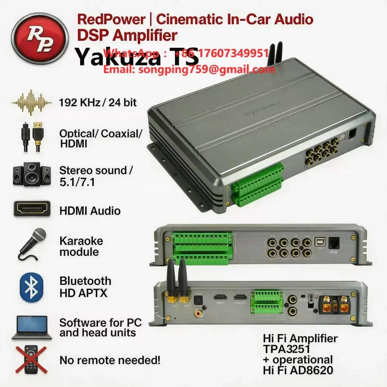 1440W 12 Channel Car DSP Amplifier with HDMI Optical  Coaxial RCA Highlevel Input RCA Highlevel Output 192kHz Sampliing Rate