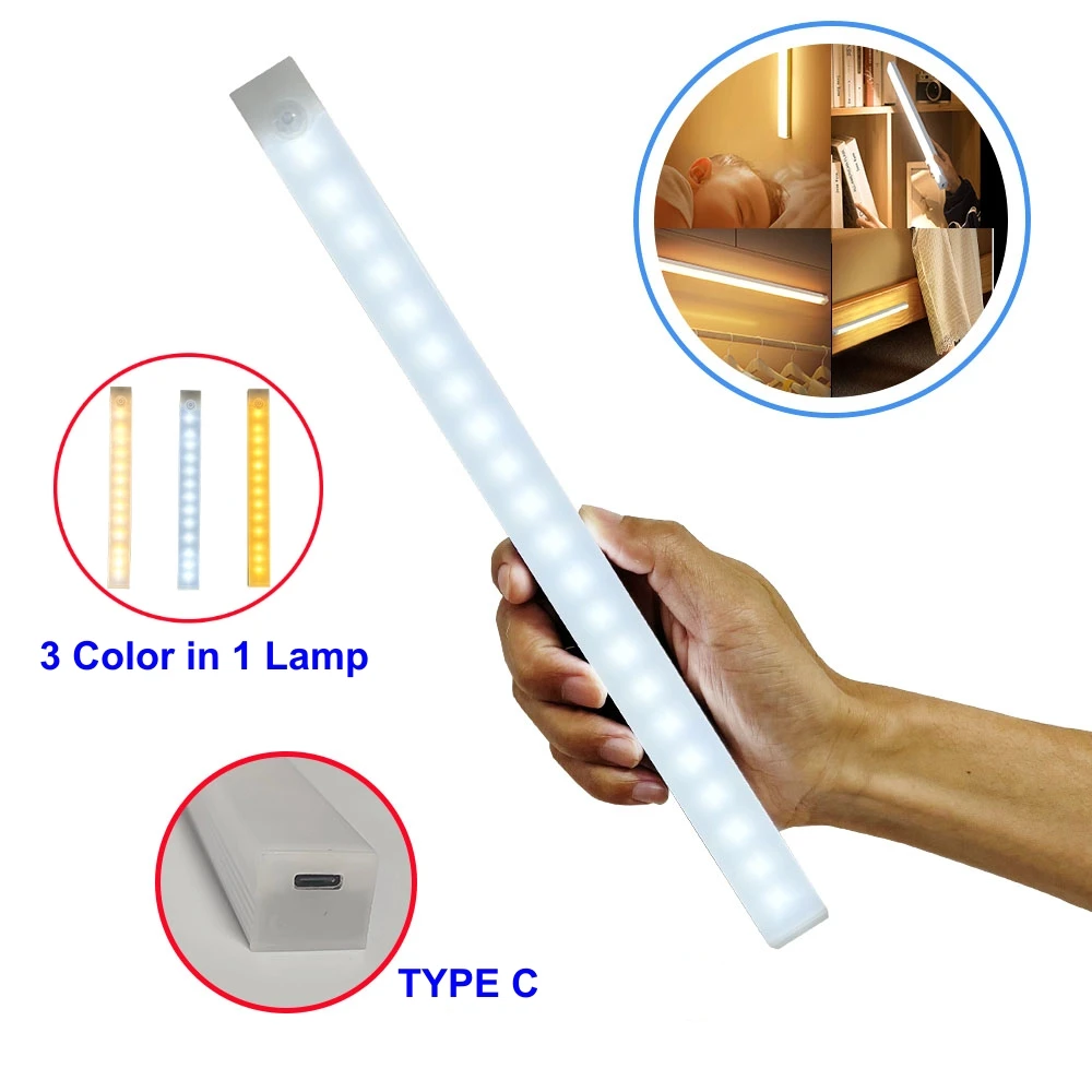 Type C Rechargeable Motion Sensor LED Night Light Wireless Strip Bar Backlight Lamp for Kitchen Cabinet Wardrobe Staircase