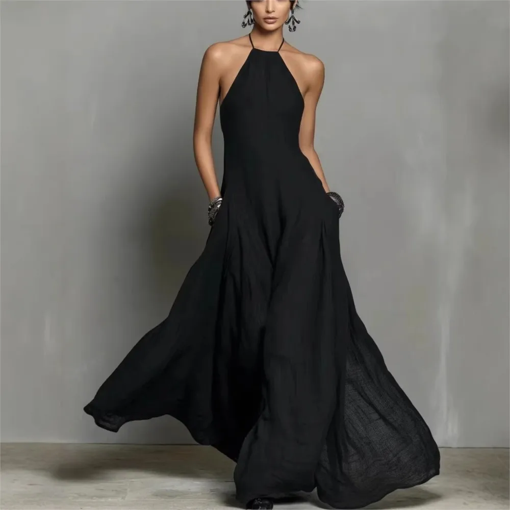 Halterneck Solid Color Dress Summer New Women's Cotton Linen Blend Sexy Backless Lace-up Sleeveless Long Loose Dress Vestidos