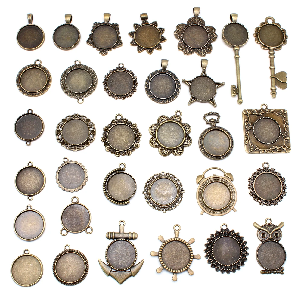 10 sztuk 20mm rozmiar wewnętrzny antyczny brąz kolor 34 style Cabochon ustawienie podstawy Charms wisiorek Fit 20mm szklany kaboszon