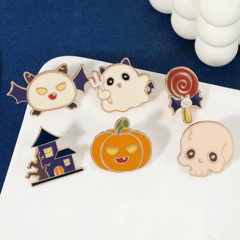 Cartoon Halloween Collection pins Cute Haunted House Ghost Pumpkin Lollipops Skull Head Enamel Brooches Festival Gift