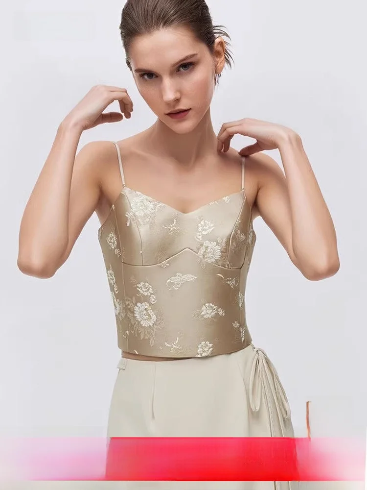 

Укороченный топ с регулируемым ремешком, женский облегающий жилет на бретелях с цветочной вышивкой, весенний новый повседневный костюм из полиэфирного волокна