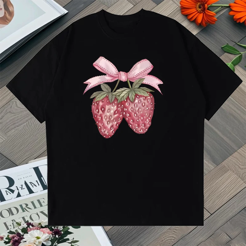 

Pink Cherry Bow Graphic Print Oversized t-shirt 100% Cotton Women Daily Clothing Crew Neck Summer short sleeve Unisex Tee shirt