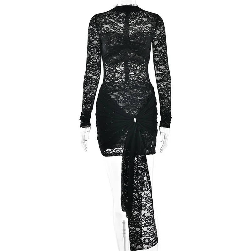 Black Lace Women's Short Mini Prom Dress With Train Sexy See Through Full Sleeves Slim Formal Birthday Party Gown Skirt Robes