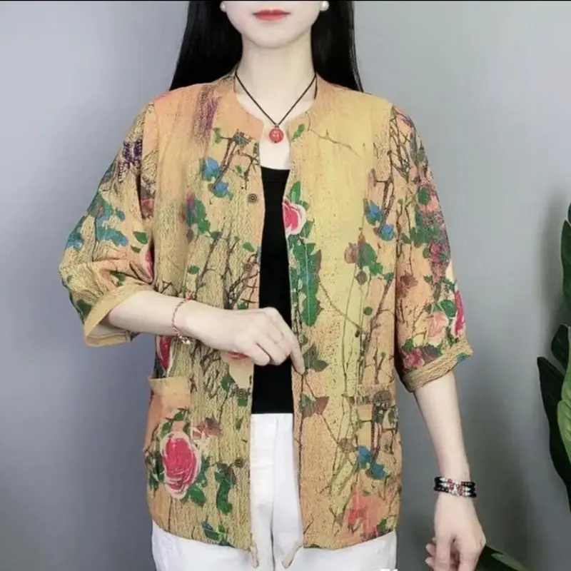 Vintage Floral Printed Single-breasted Blouse 2023 Spring Summer Thin Nine Quarter Sleeve Female Fashion Pockets Spliced Shirt