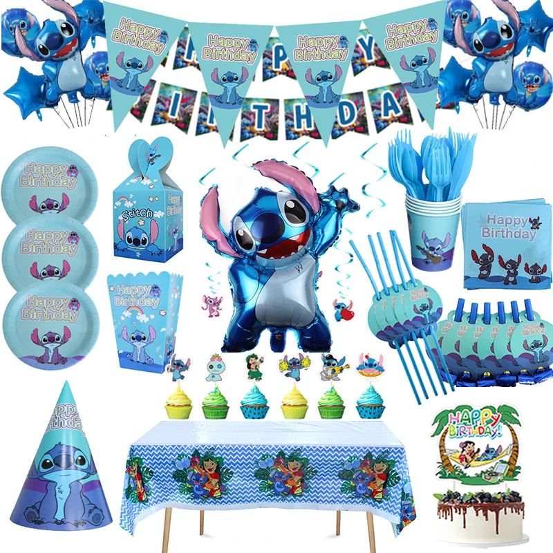 Stitch Happy Birthday Decor Disney Stitch Balloons Banner Flag Cake Topper Paper Plate Cup Baby Shower Toys Kids For Party Decor