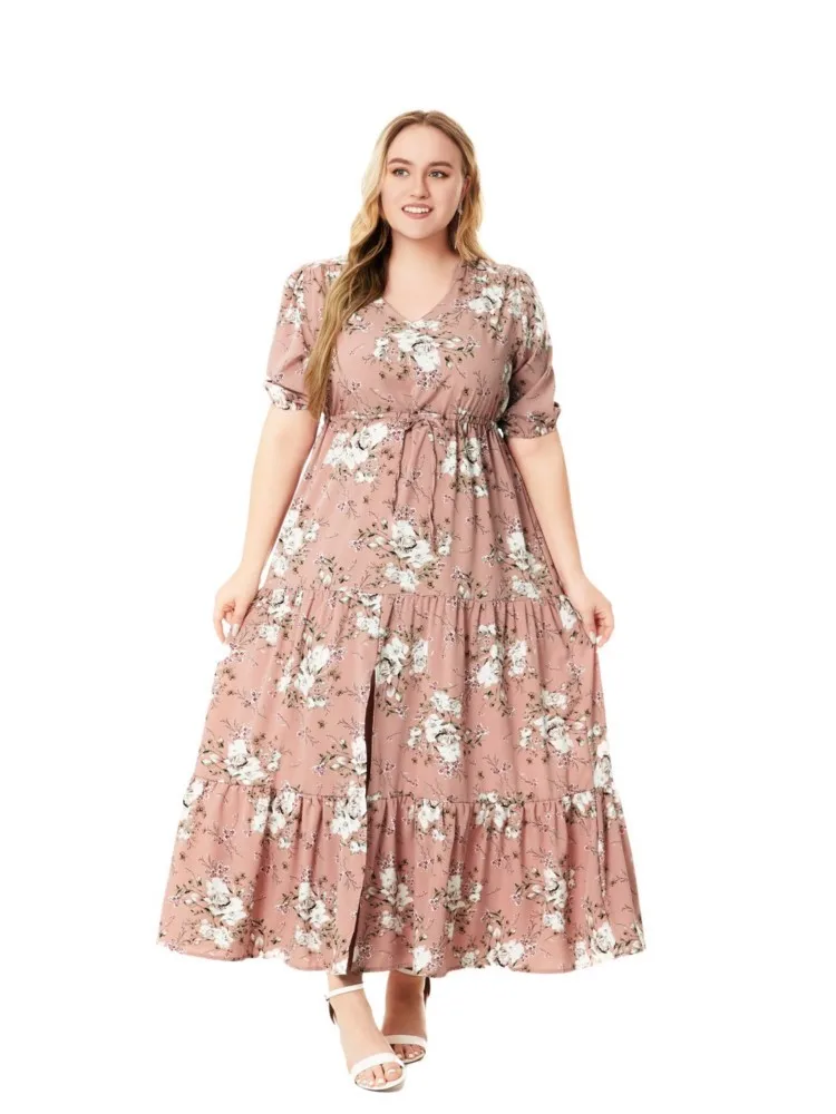 Plus Size Summer Flower Floral Print V-Neck Dress Women Ruffle Pleated Modis Split Ladies Dresses Loose Casual Woman Long Dress