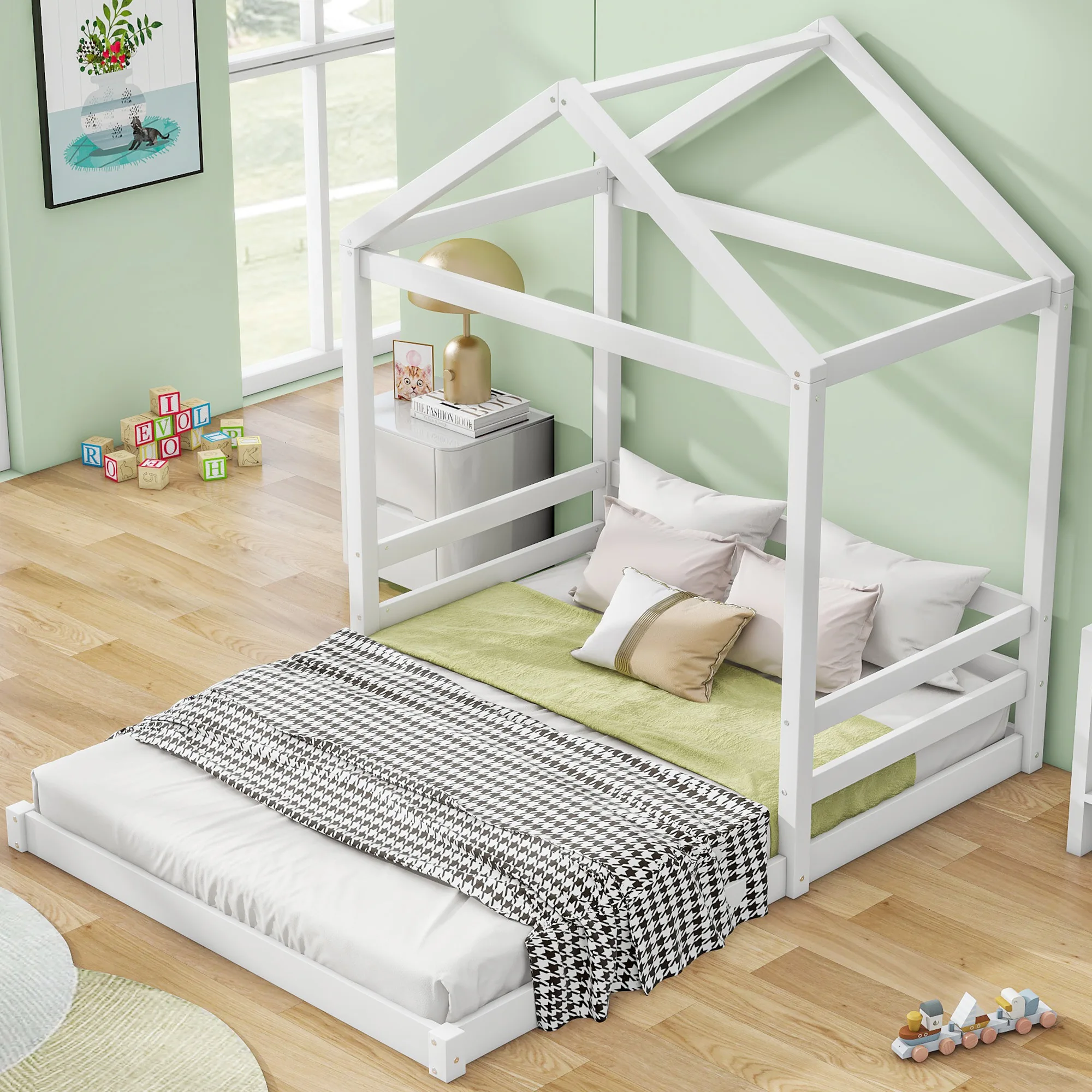 

White Full Size Wood House Bed with Guardrail and Window - A Dreamy Addition to Your Kid's Room