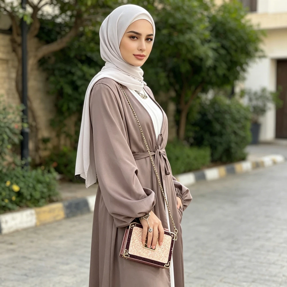 

Shiny Satin Open Cardigan Muslim Women Abaya Turkey Hijab Dress Ramadan Islam Clothes Dubai Kaftan Gown Femme Musulmane Jalabiya
