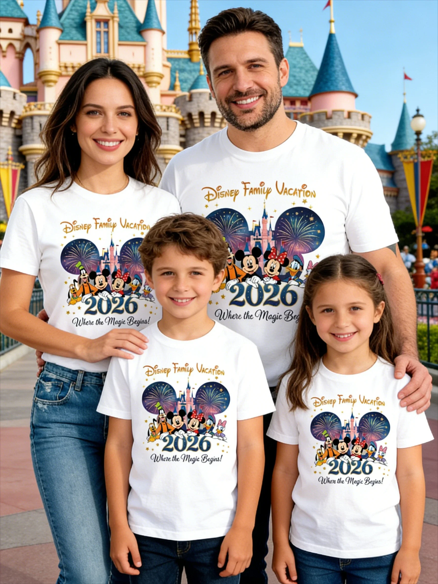 Camiseta Disney Family Vacation 2026, camisetas a juego con dibujos animados del Castillo Mágico, camisetas familiares a juego con dibujos animados del ratón, camisetas de manga corta Where The Magic Begins