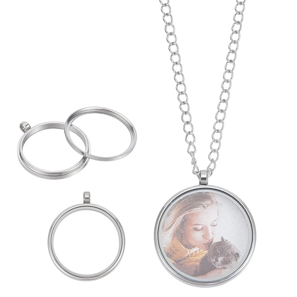 

1set 2pcs 304 Stainless Stee Locket Pendants with Glass Flat Round Charm 41x34x6mm Hole: 5mm