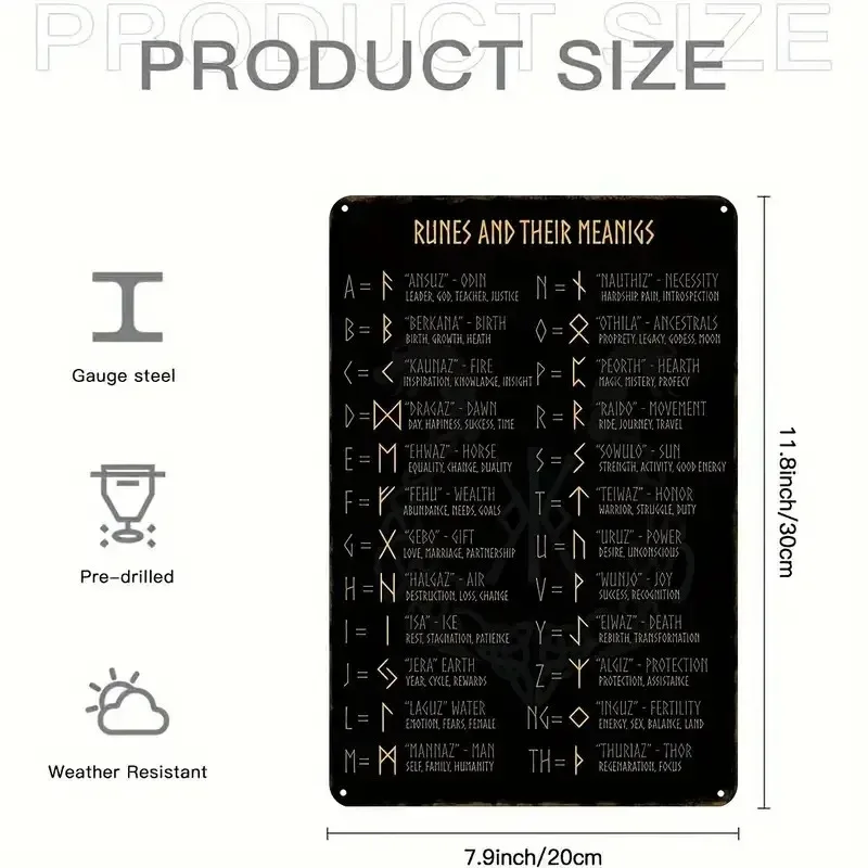 Viking Runes & Their Meanings Metal Sign, 8 x 12 Inch, Vintage Black Iron Wall Decor, Sturdy Iron Construction for Man Study, Bar, Café, Workshop & Rustic Villa