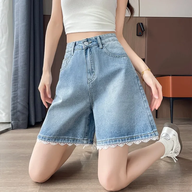 2026 New Summer Women's High Waist Denim Shorts, Light Blue Lace Trim. Loose Fit, Slimming Hide Leg Flaws