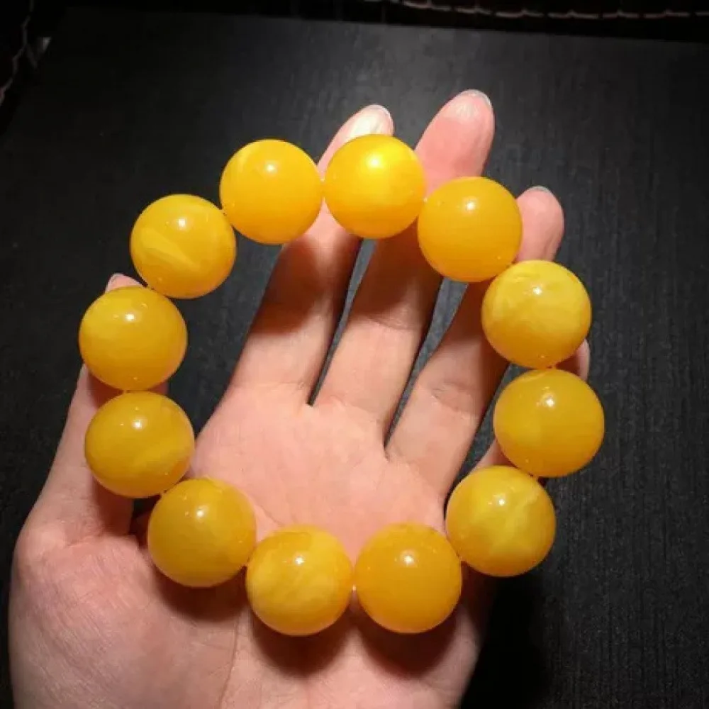 1 Pack Natural Amber Yellow Beaded Bracelet, Unisex Ethnic Round Bead Resin Bangle, Vintage Honey Wax Mala Prayer Stretch Bracelet for Men Women Meditation Jewelry Birthday Holiday Gift