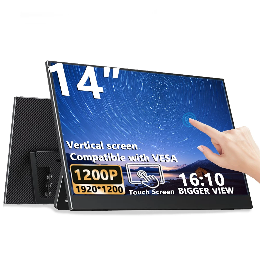 14 Inch Touch Portable Monitor Carbon Fiber 19201200 16:10 60Hz IPS Screen Built-in Kickstand External Display For Laptop Phone