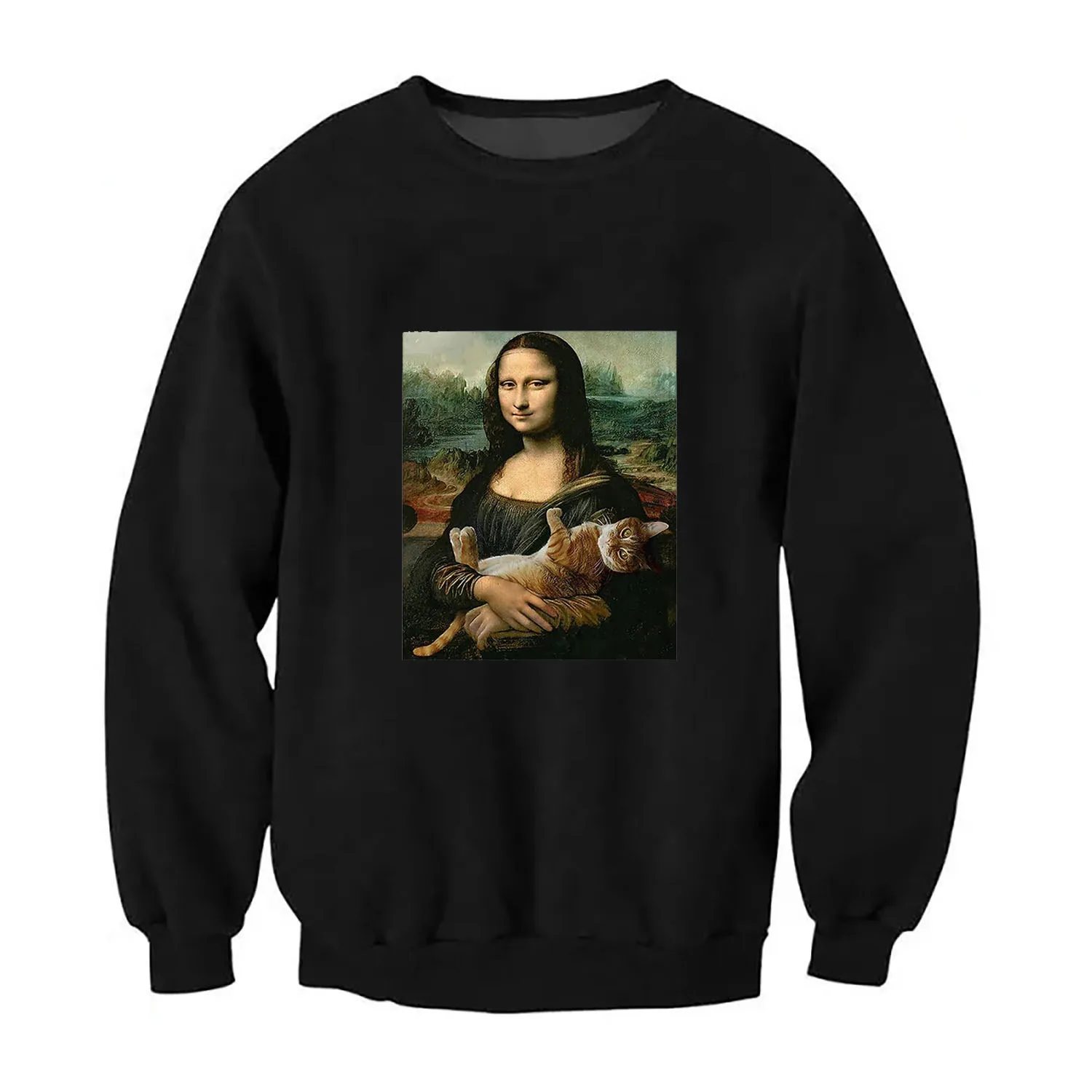 

Fashion Womens Mens Sweatshirt Funny Mona Lisa and Cat Printed Pullover Crewneck Soft Breathable Hoodie Autumn Unisex Streetwear