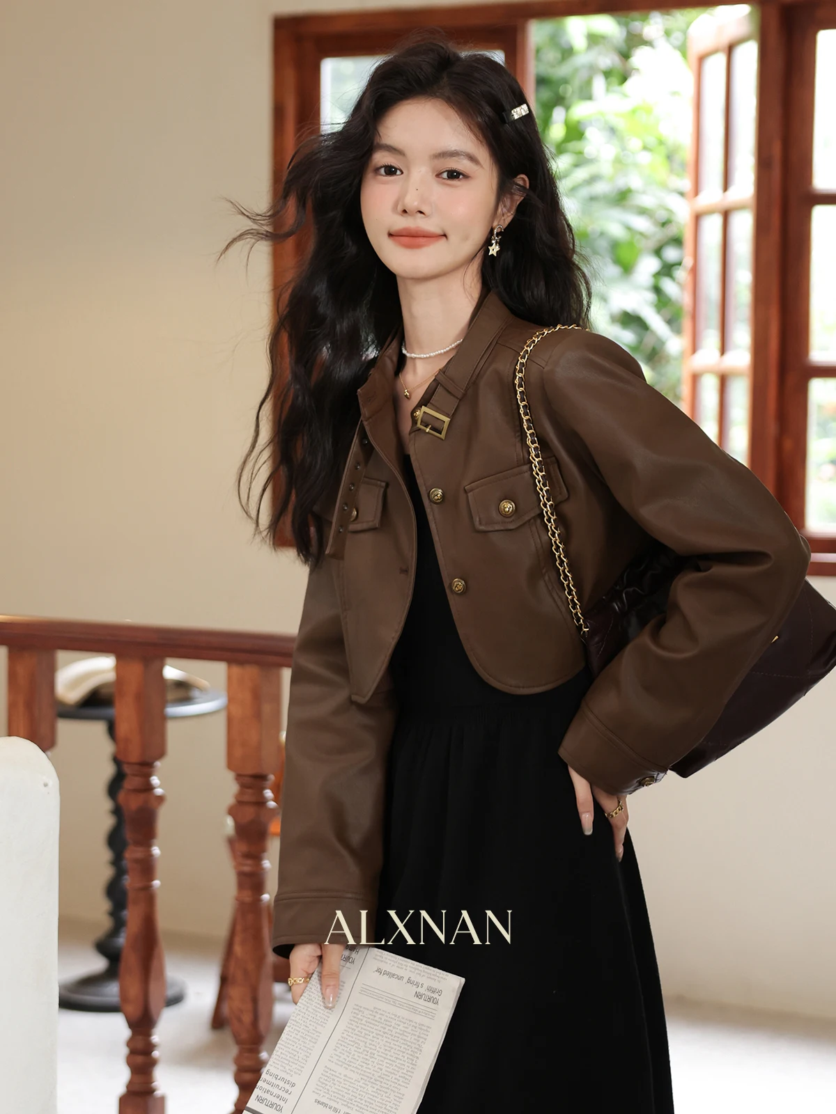 Alxnan casacos de couro marrom feminino curto elegante casual jaquetas de couro 2025 outono inverno manga longa topos feminino lxn32260py