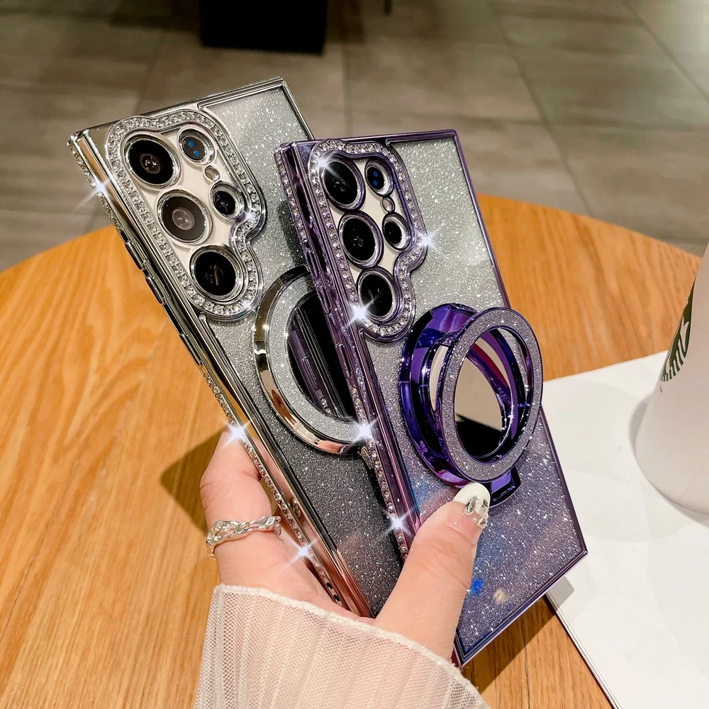 الفاخرة الماس واضح بريق Magsafe حقيبة لهاتف سامسونج غالاكسي S25 S24 الترا S23 S22 زائد مرآة حامل هاتف مغناطيسي حامل غطاء