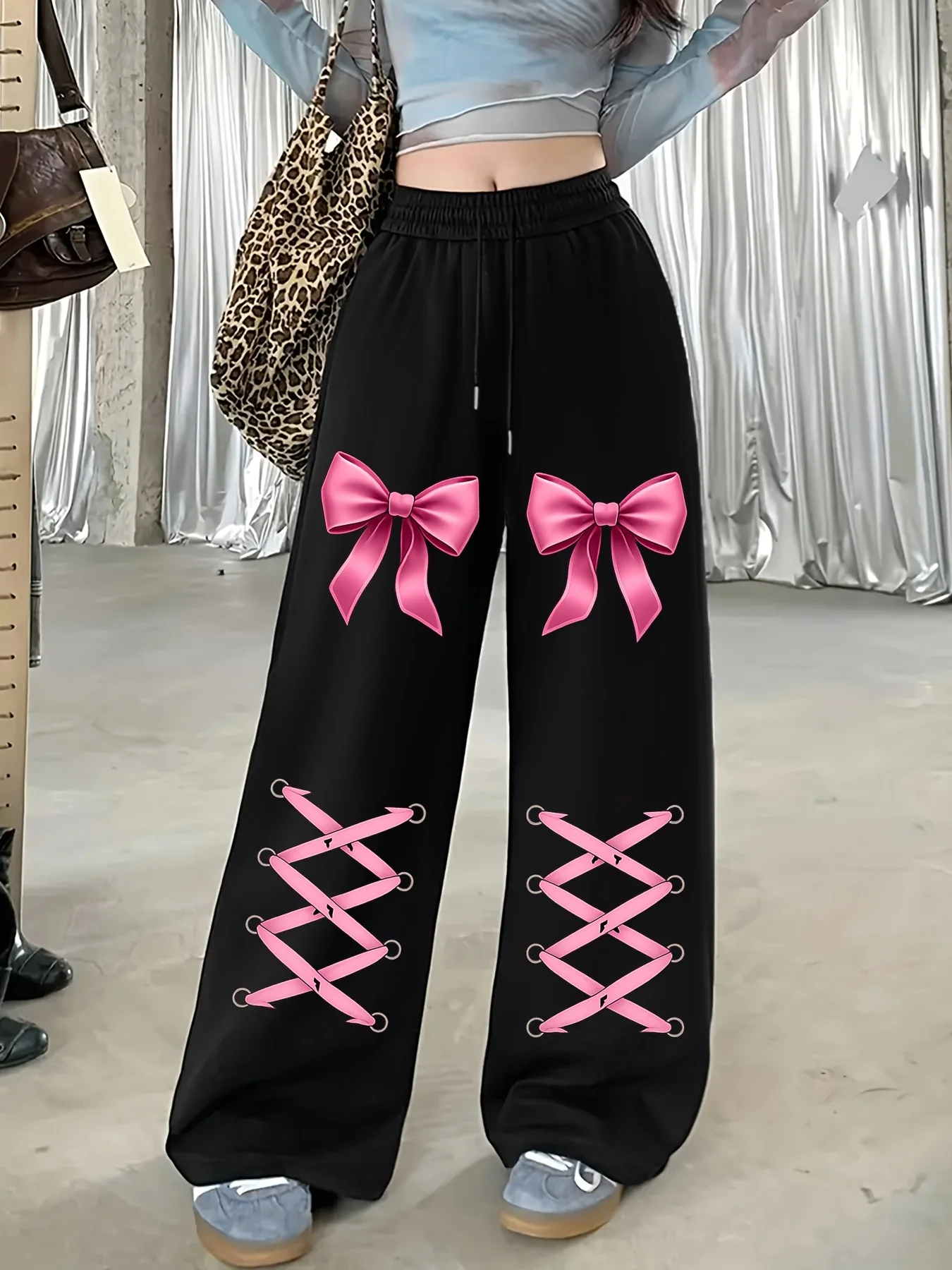 Spicy Girl Style Pink Bow Tie Pattern Printed Black Pants for Women's Casual Sports Straight Leg Pants