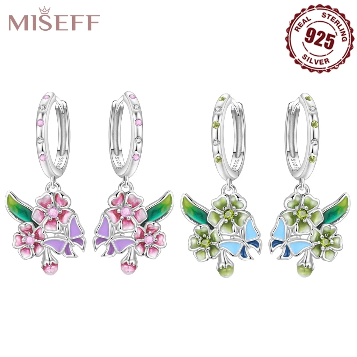 MISEFF 925 Sterling Silver Flower Butterfly Dangle Earring Original Design Floral Fine Jewelry Birthday Holiday Gifts for Women