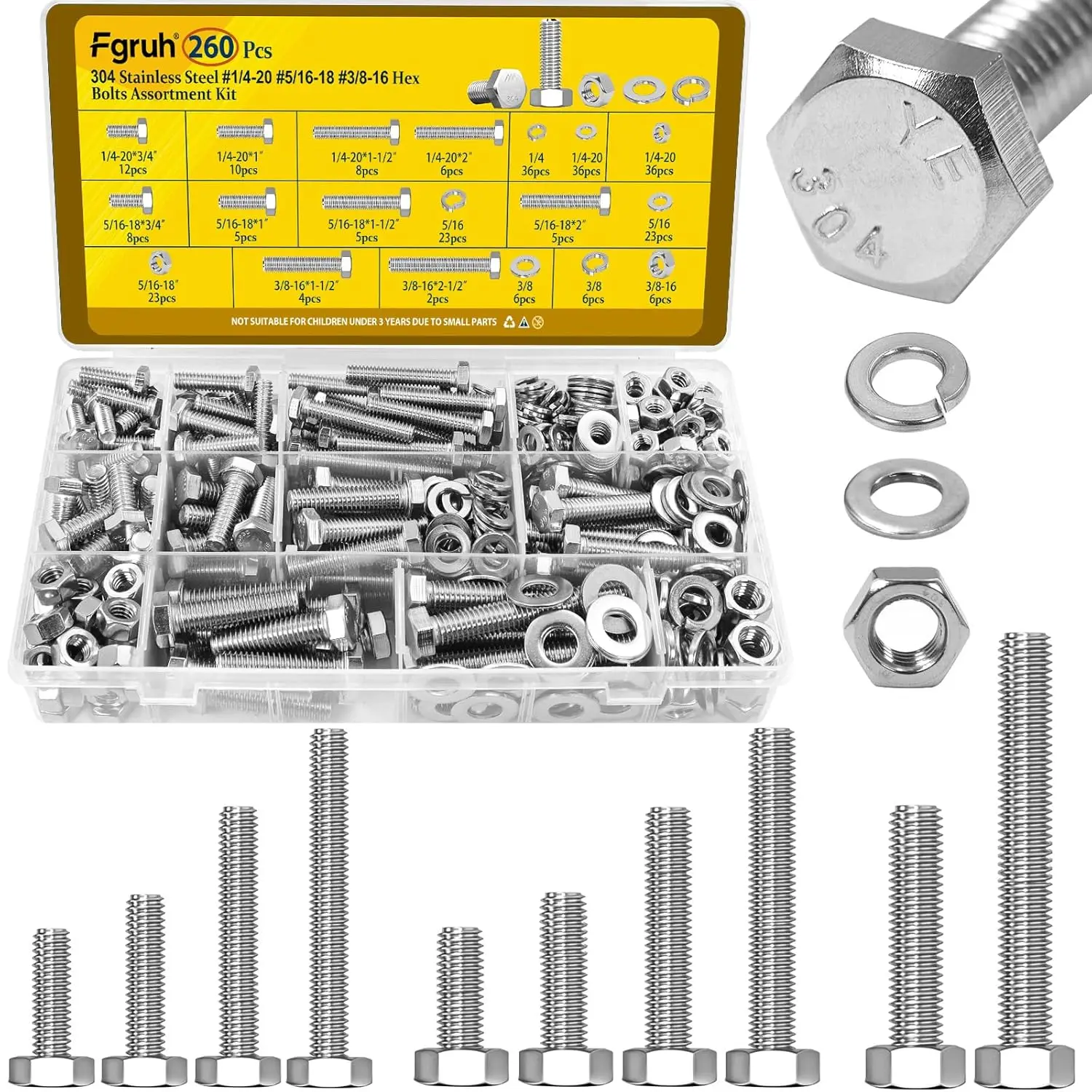 

260PCS Hex Bolts and Nuts Assortment Kit, 1/4-20, 5/16-18, 3/8-16 with Flat & Spring Washers, 304 Stainless Steel