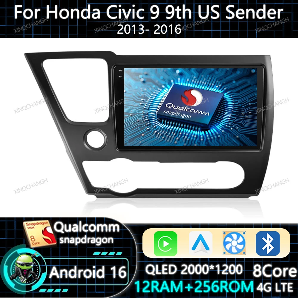 Android 16 Car Radio Carplay Auto For Honda Civic 9 9th US Sender Coupe GPS Head Unit Qualcomm 4G WIFI Multimedia Video Player