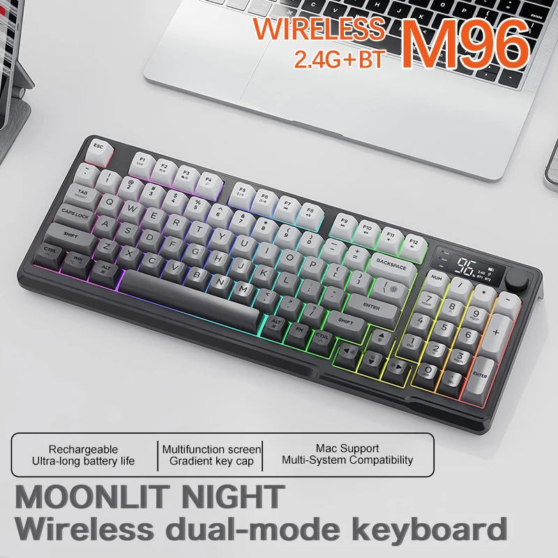 M96 Bluetooth-toetsenbord Draadloos FREEWOLF-schermgamingtoetsenbord, elektronisch scherm, verbinding met meerdere apparaten, ergonomie-gaming