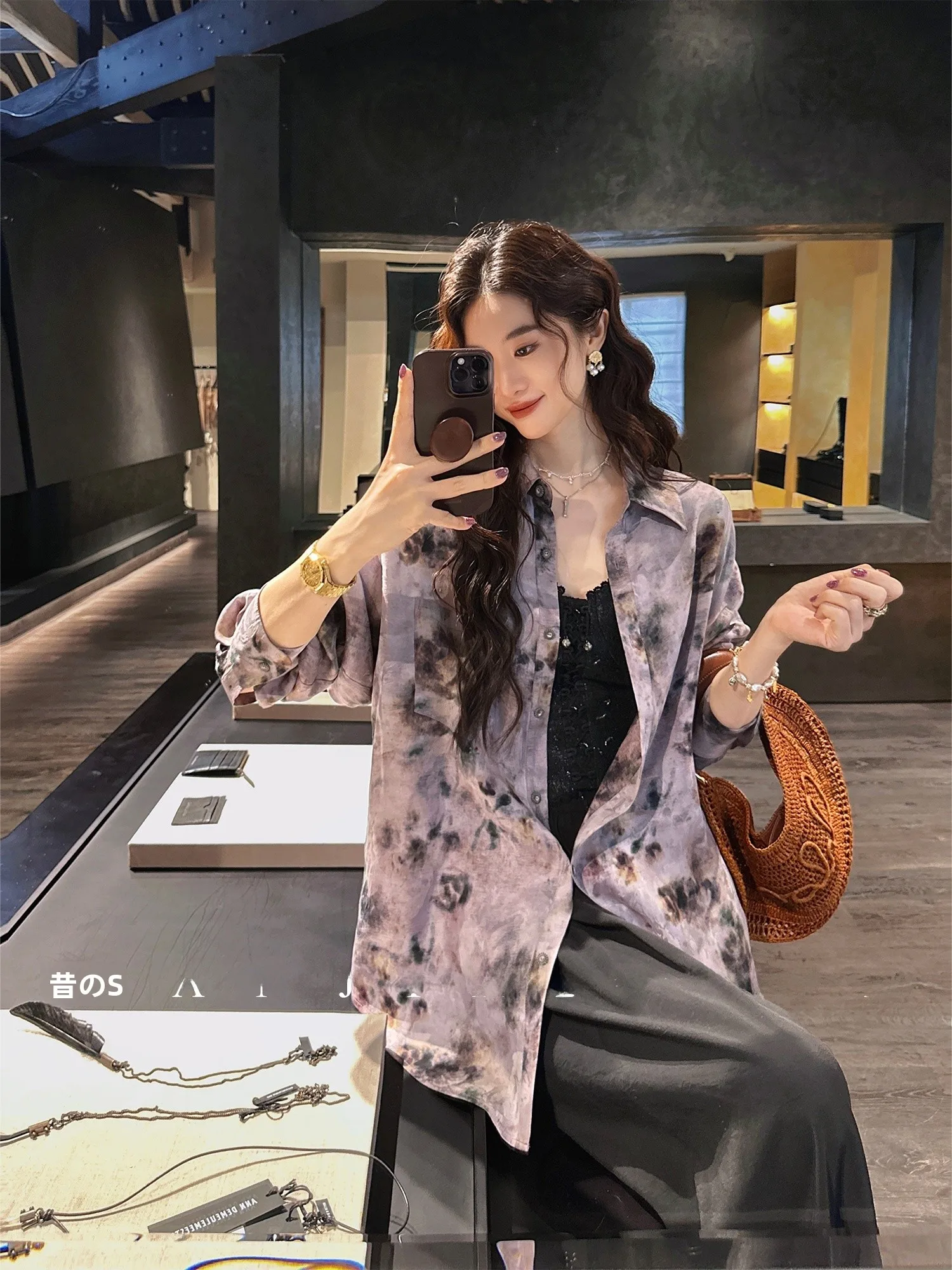 

Sanji Black Flower Women's Shirt 2026 New Long Sleeve Silk Lyocell High Transparency Double-Sided Print 3D Embossed Soft Light