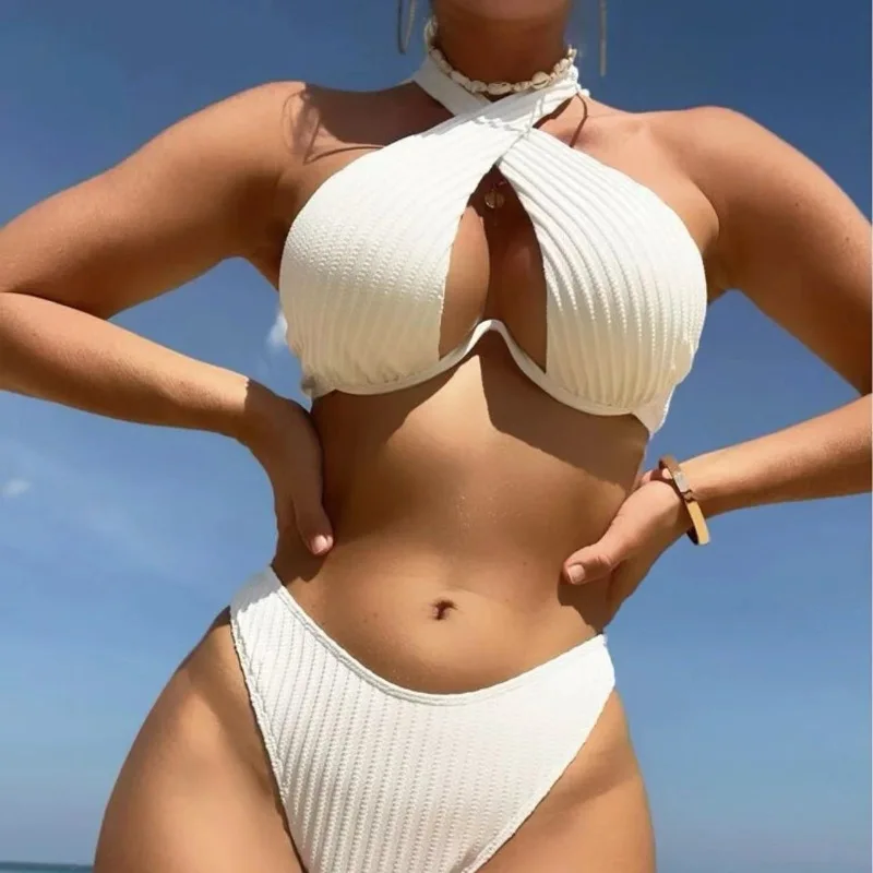 

Сексуальное белое бикини 2025 года, женский купальник с лямкой на косточках и пуш-ап, пляжный купальный костюм, юбка с высокой талией, 3 шт., купальник Biquini