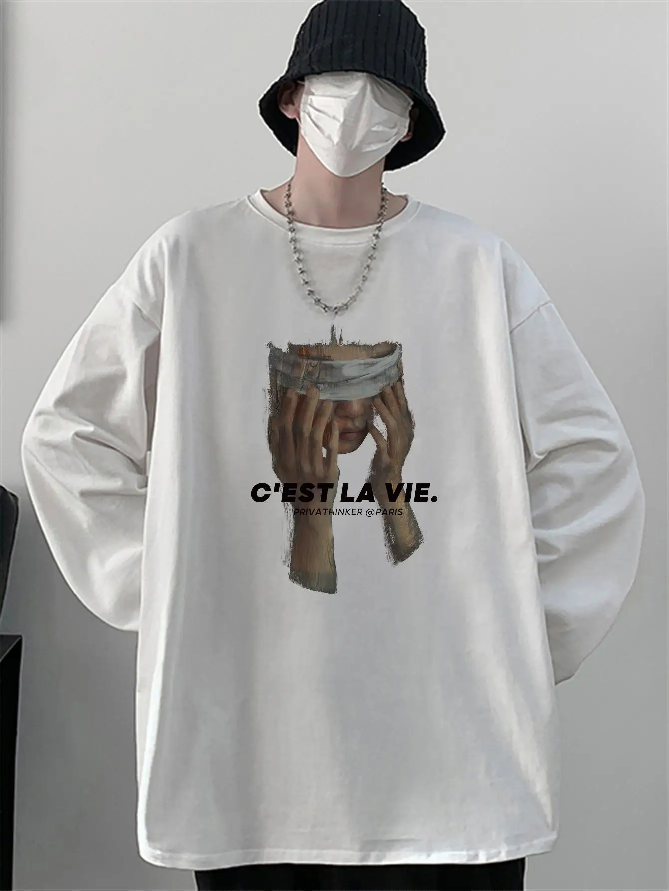 Blindfolded Boy Harajuku Men Kpop T-shirts Long Sleeve Oversize Unisex Tees Y2k Autumn New Male Tops 100% Cotton High Quality