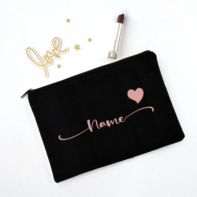 Love Customized Name Canvas Bags Simple Black Makeup Bag Organizer New Travel Perfume Lipstick Pouch Stationery Pencil Case Gift