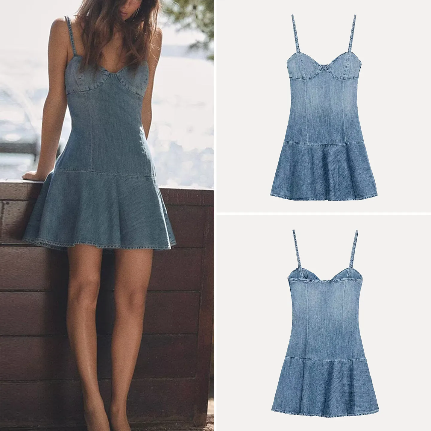 

Весна 2026: Женское джинсовое платье с вырезом-сердечком, повседневный стиль, без рукавов, А-силуэт, цельное, для ежедневной носки, китайское производство