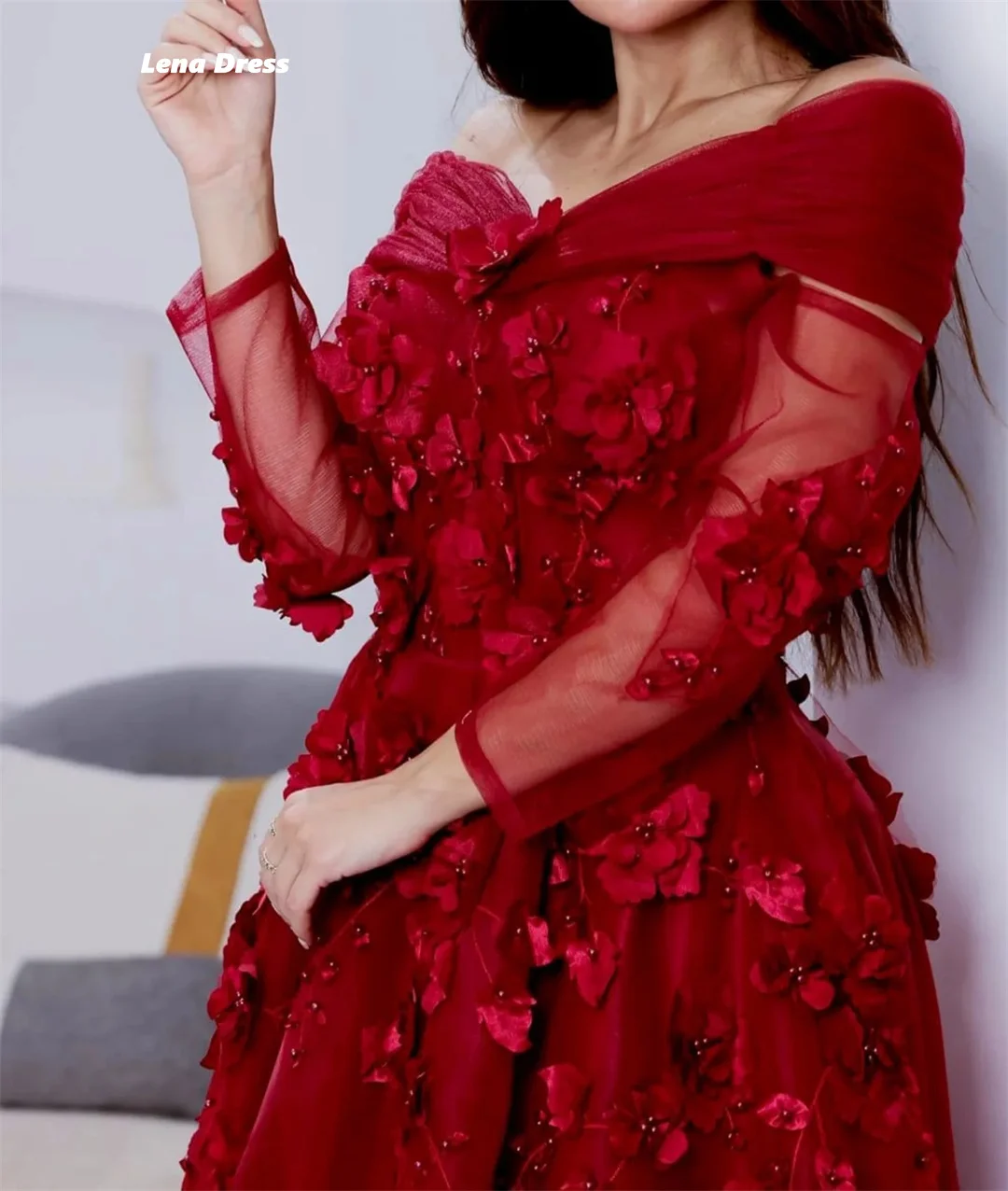 Lena Flowers Very Luxurious Evening Dresses High Quality High Quality Customized Party Dresses Woman 2025 Red Long Sleeves Prom