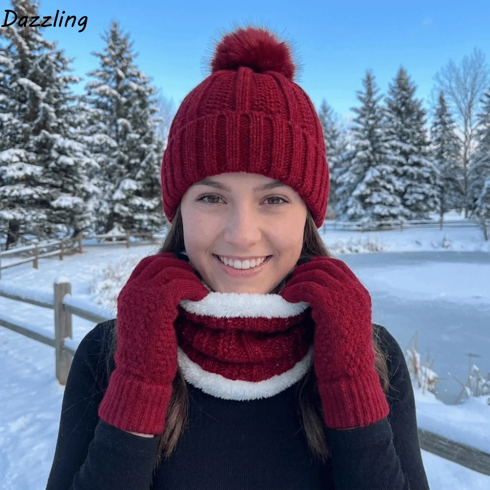 3pcs Soft Solid Color Hat Scarf Gloves Set Cute Pompom Thickened Knitted Hat with Velvet Keep Warm Beanie Hat Outdoor