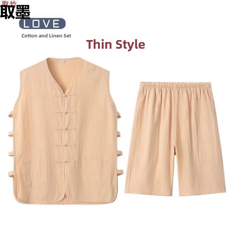 Loose Breathable Thin Men's Tang Suit Vest And Shorts Set Buttoned Retro Coat Casual Summer Clothing Comfortable Sweatshirt