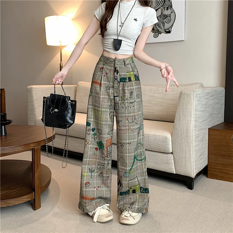 Women's Baggy Y2k Plaid Pants Streetwear Graphic Print Pants Vintage Harajuku High Waist Wide Leg Trousers Fashion Clothes