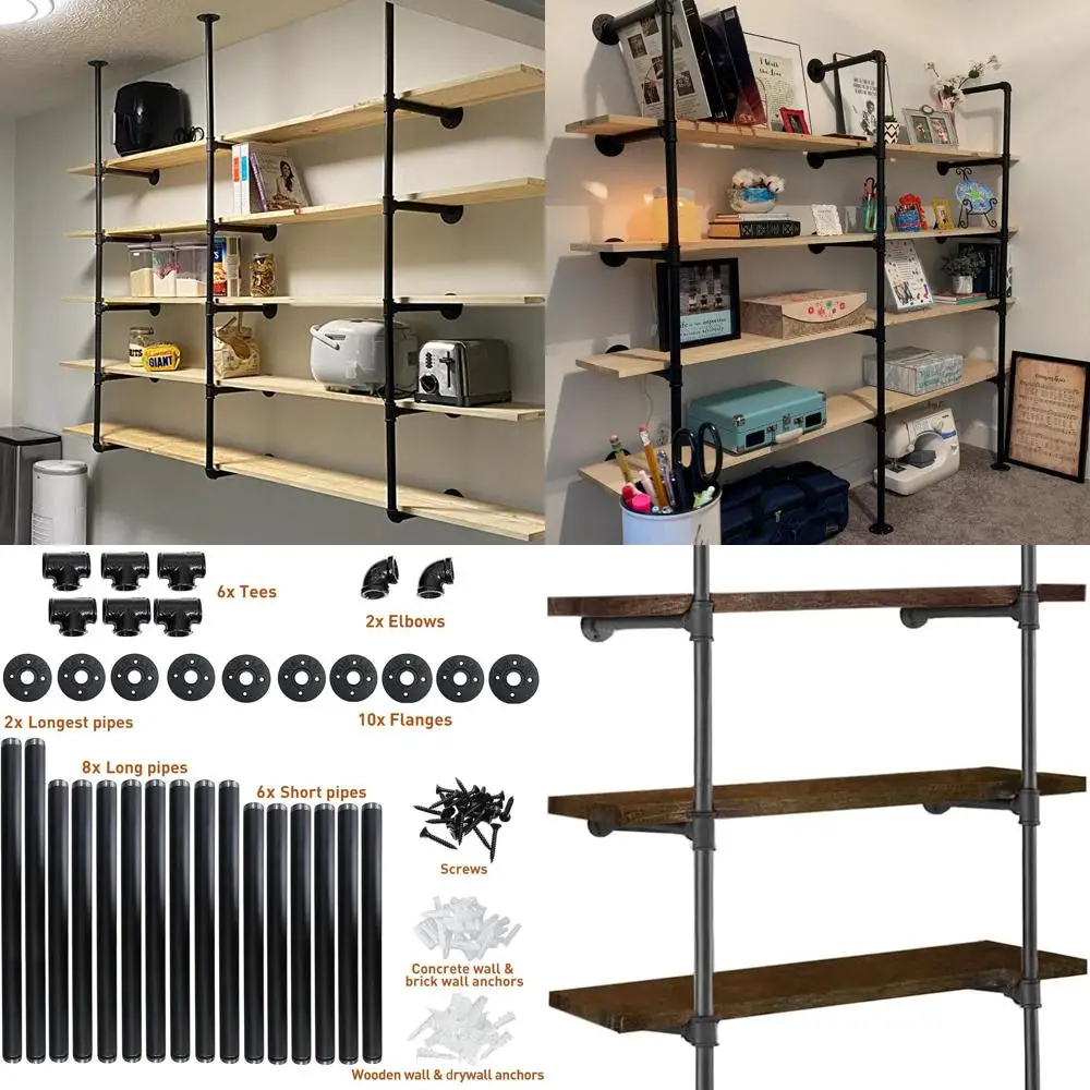 

Промышленные полки для железных труб, 2 комплекта, 4 уровня, высота 57,5 дюйма, глубина 12 дюймов, открытая книжная полка «сделай сам», настенный винтажный ретро Shelvin