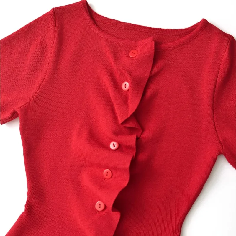 

2025 Summer New Women's Versatile Solid Round-Neck Single-Row Button Short-Sleeve Cardigan Pleated Knit Tops Backing Shirt