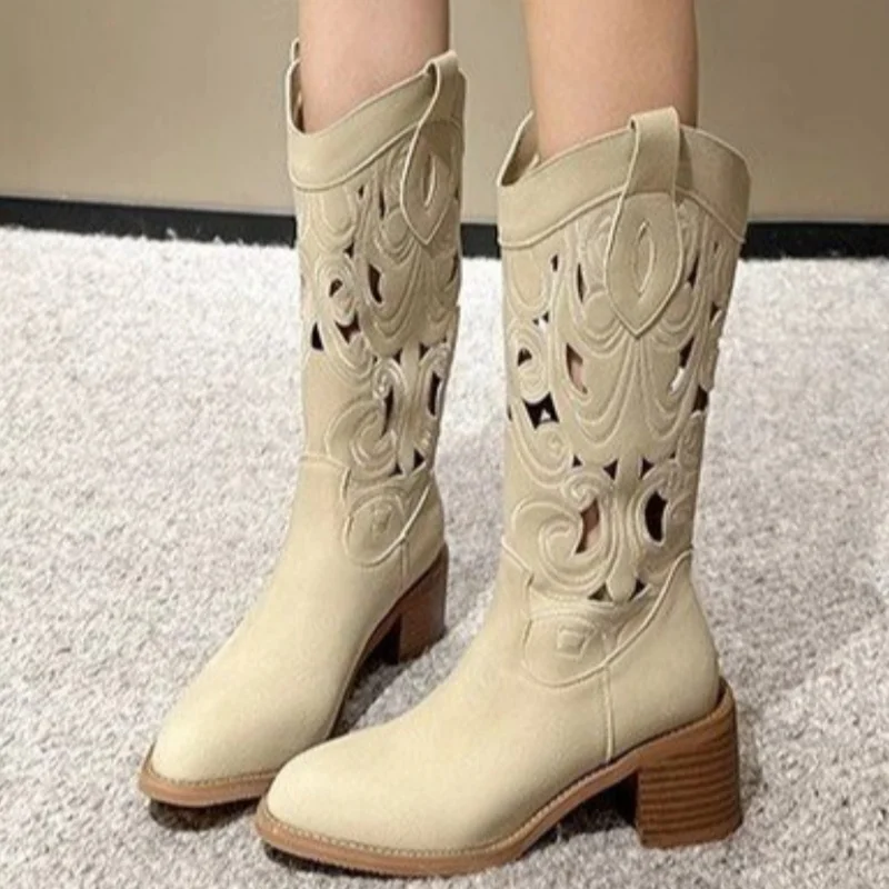 2025 Trend Chelsea Boots Women High Heels Pointed Toe Shoes New Fashion Hollow Mid Calf Casual Shoes Goth Pumps Snow Botas Mujer